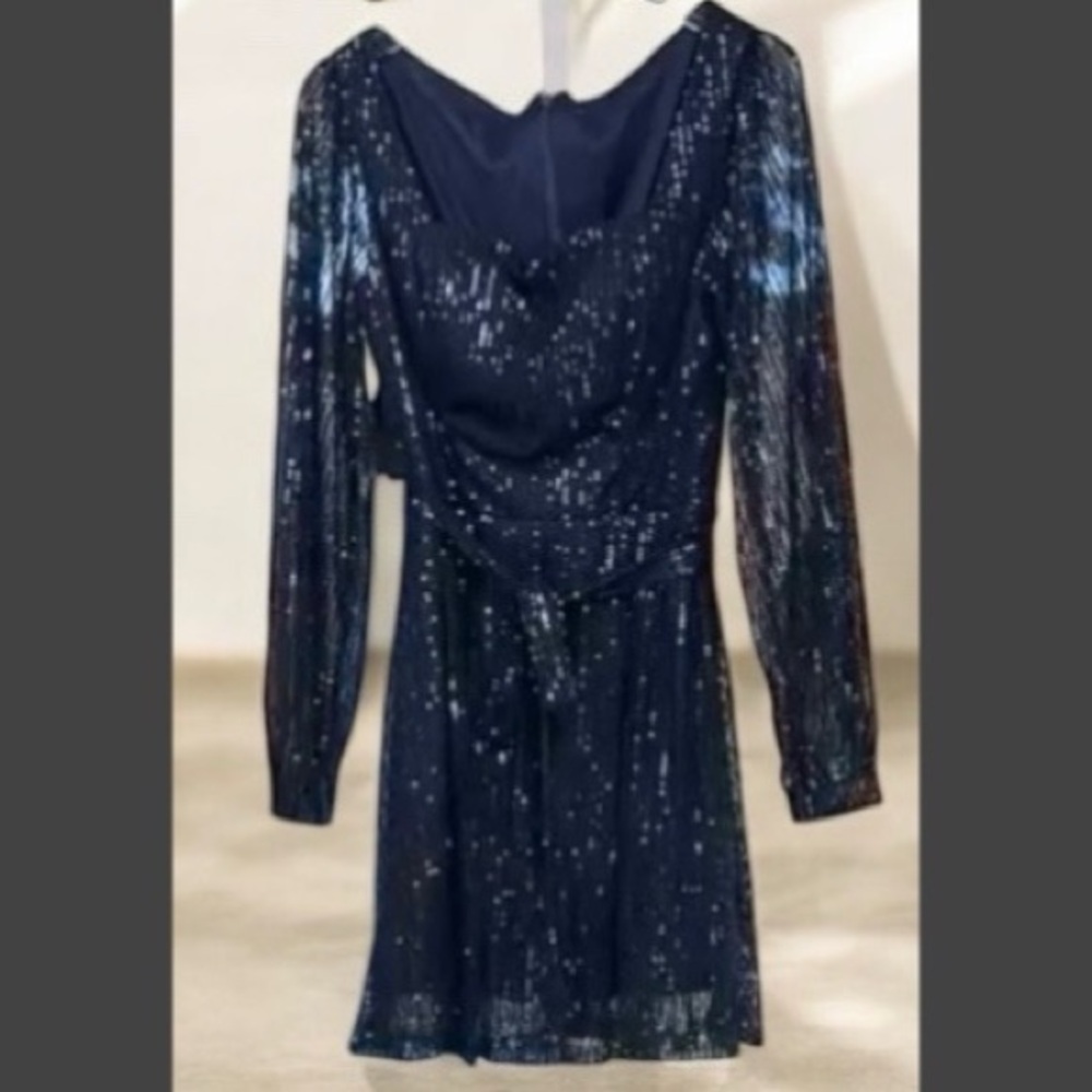 Sequined Long Sleeve Midnight Blue Mini Dress With Attached Sequined Tie Belt